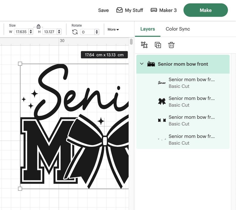 May include: Black and white design for a senior mom bow with the word "Seni" and a large letter "M" with a bow on the right side.
