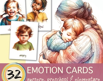 May include: Set of 32 emotion cards for nursery, preschool, and elementary school. The cards feature illustrations of children expressing different emotions, such as happy, sad, angry, and thoughtful.