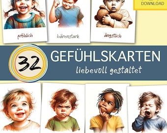 32 cartes de sentiments à imprimer Cartes d'émotions pour enfants Flashcards Montessori garderie maternelle PDF école maternelle soucieuse de la diversité école à la maison