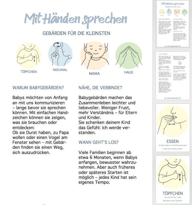 Puede incluir: Una gu&iacute;a impresa en alem&aacute;n, titulada "Mit H&auml;nden sprechen", que ense&ntilde;a el lenguaje de signos para beb&eacute;s. La gu&iacute;a presenta ilustraciones de gestos con las manos y palabras como "Mama" y "Haus", con texto explicativo.