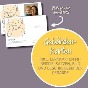 Puede incluir: Tarjetas did&aacute;cticas en alem&aacute;n con ilustraciones y texto. Las tarjetas muestran a un ni&ntilde;o demostrando un gesto del lenguaje de signos. El texto incluye la palabra "MAMA" e instrucciones. Tambi&eacute;n se incluye una foto de una madre y un ni&ntilde;o.
