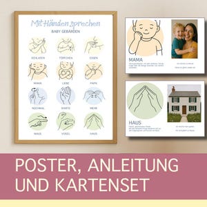 Puede incluir: Un conjunto de pósteres y tarjetas con ilustraciones de lenguaje de signos para bebés. El póster presenta dibujos de gestos con palabras alemanas como "Schlafen" y "Essen". Las tarjetas adicionales muestran imágenes y texto relacionados, incluida una foto de madre e hijo.