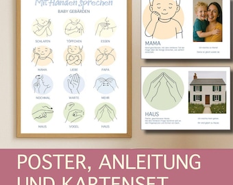 Puede incluir: Un conjunto de pósteres y tarjetas con ilustraciones de lenguaje de signos para bebés. El póster presenta dibujos de gestos con palabras alemanas como "Schlafen" y "Essen". Las tarjetas adicionales muestran imágenes y texto relacionados, incluida una foto de madre e hijo.