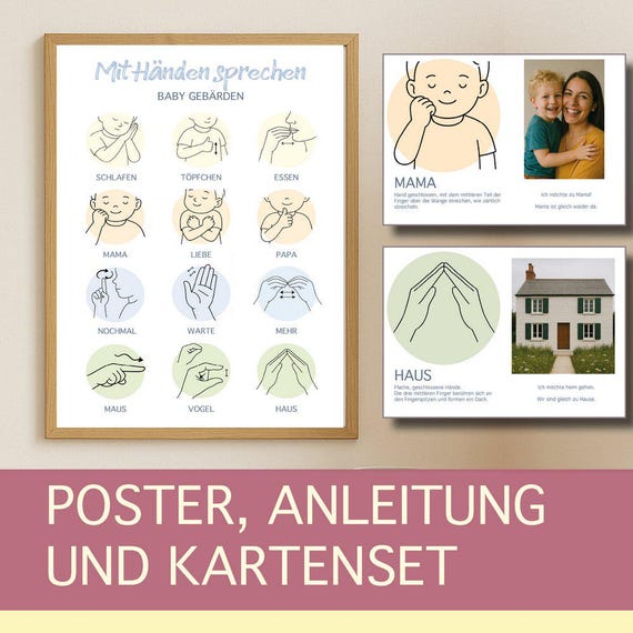 Babygebärden Poster & Lernkarten – Flashcards Baby Zeichensprache deutsch – 12 erste Gebärden für Babys und Kleinkinder