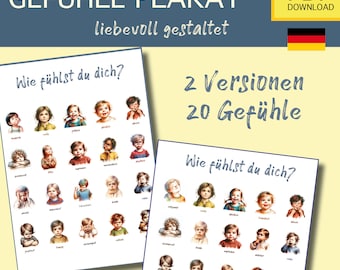 20 affiches de sentiments cartes de sentiments affiche pour enfants tableau émotions chambre d'enfant Kita