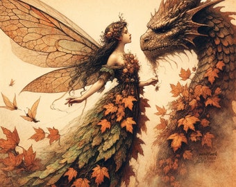 Vintage Love Dragon Elf Art Print Painting Illustration Art Print Fairy Mythology Magic Nature