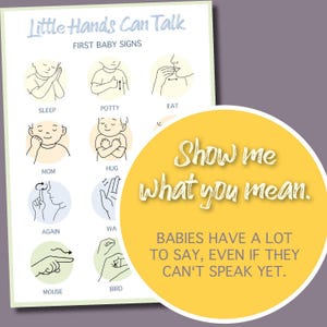 Puede incluir: Un póster titulado "Little Hands Can Talk" con ilustraciones del lenguaje de signos para bebés. El póster incluye signos para dormir, orinal, comer, mamá, abrazo, de nuevo, wa, ratón y pájaro. También hay un círculo amarillo con el texto "Show me what you mean".