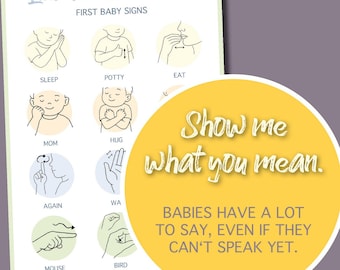 Op de afbeelding: Een poster getiteld "Little Hands Can Talk" met illustraties van babygebarentaal. De poster bevat tekens voor slapen, potje, eten, mama, knuffel, weer, wa, muis en vogel. Een gele cirkel met de tekst "Show me what you mean" is ook aanwezig.