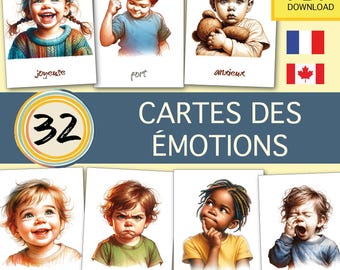 May include: A set of 32 illustrated cards featuring children expressing different emotions. The cards are labeled with French words for each emotion, such as "joyeuse", "fort", "anxieux", "heureuse", "en colère", "pensive", and "fatigué".