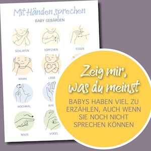 Puede incluir: Un p&oacute;ster con texto en alem&aacute;n e ilustraciones del lenguaje de signos para beb&eacute;s. El p&oacute;ster incluye las frases "Mit H&auml;nden sprechen" y "BABY GEB&Auml;RDEN". Un c&iacute;rculo amarillo contiene el texto "Zeig mir, was du meinst".