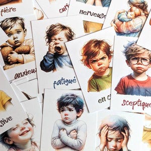 Cartes des émotions pour enfants (cartes en français) | 32 sentiments | Flashcards imprimées | Outil SEL & Montessori