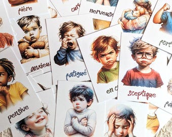 Cartes des émotions pour enfants (cartes en français) | 32 sentiments | Flashcards imprimées | Outil SEL & Montessori
