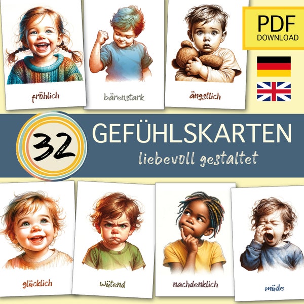 32 Gefühlskarten Kinder Emotionskarten Flashcards Montessori Waldorf Kita Kindergarten Set Bundle diversitätsbewusst Vorschule Homeschool