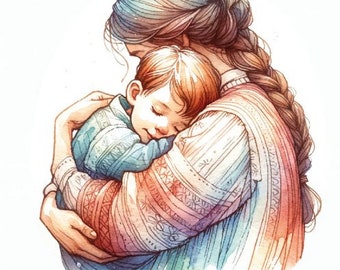 Mom holds child love security poster postcard art print hug mother birth gift