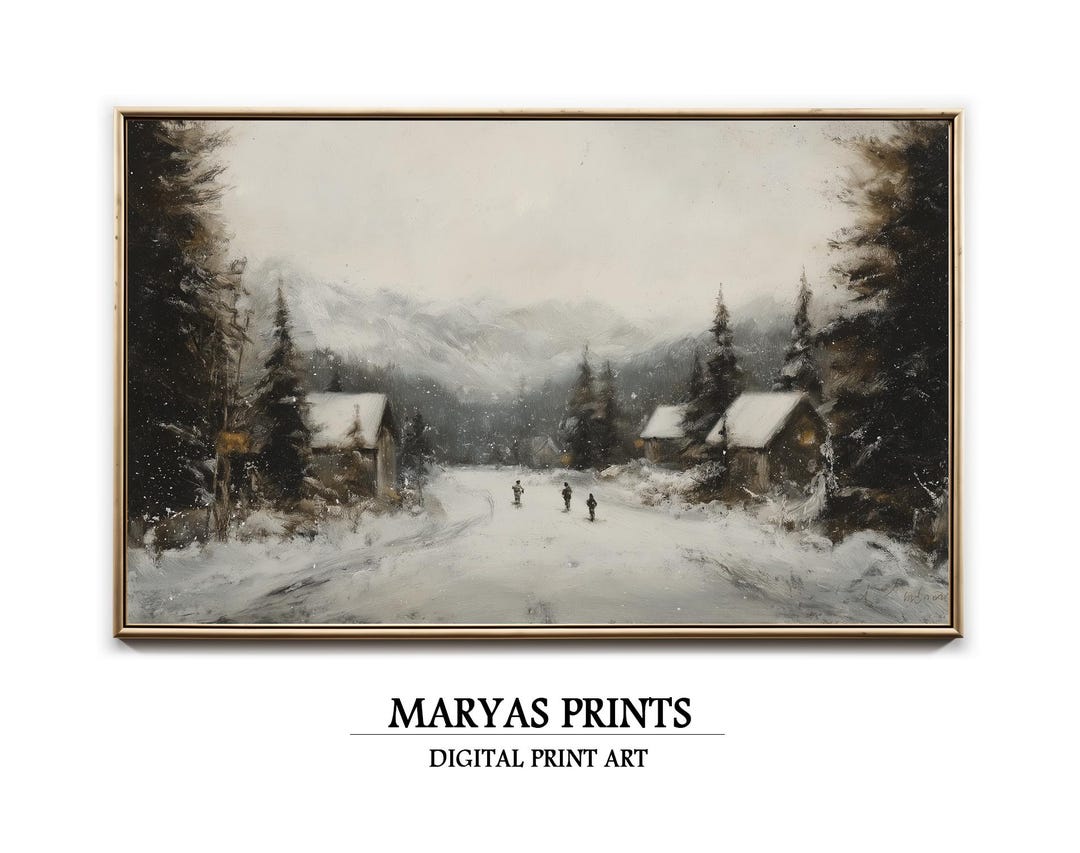 Printable Snowy Mountain Village Wall Art | Cozy Winter Scene | Digital ...