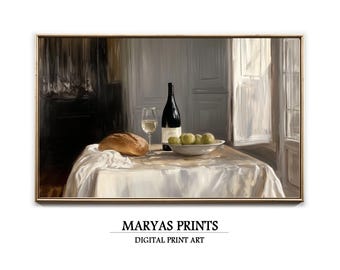Vintage Kitchen Still Life Print | Wine, Bread & Fruit (Digital Download)