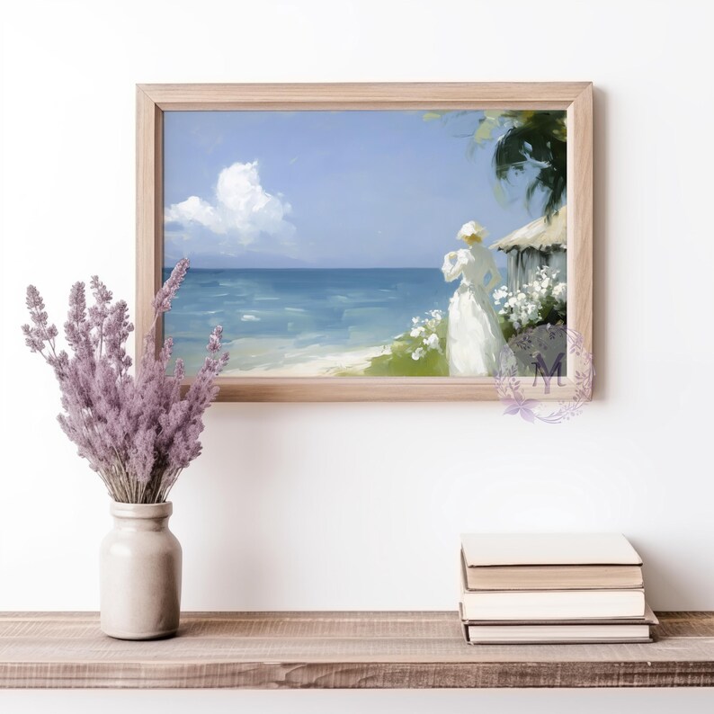 Printable Coastal Lady Wall Art | Woman in White Dress by the Sea ...