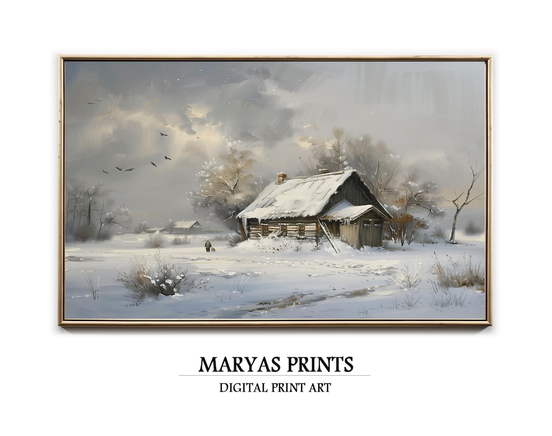 PRINTABLE Wall Art | Snowy Cottage in Winter Landscape | Rustic Lodge ...