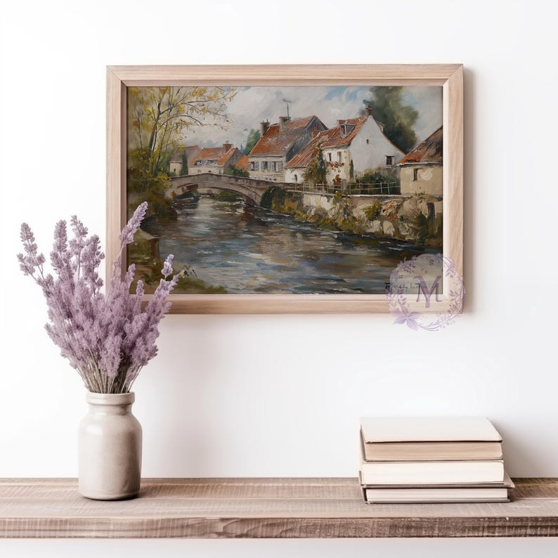 Printable Wall Art Bridge and Riverside Homes Scenic Impressionist Art