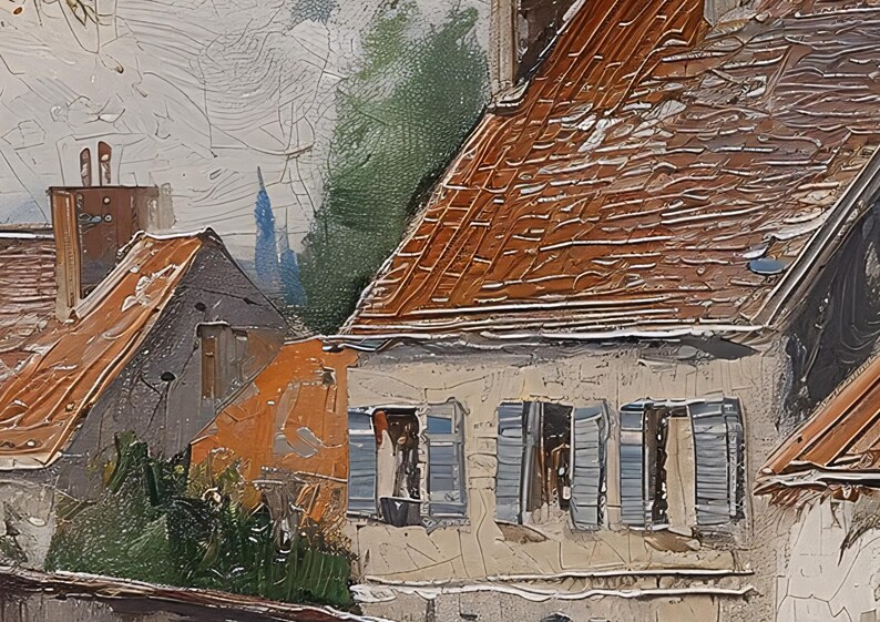 Printable Wall Art Bridge and Riverside Homes Scenic Impressionist Art