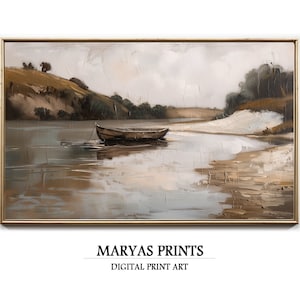 PRINTABLE Boat Wall Art | Tranquil River Scene | Digital Print | Impressionist Landscape | Printable Art | Housewarming Gift | N-62