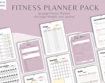 May include: A digital planner pack with pages for fitness goals, water intake, steps, habit tracking, and a monthly calendar. The pages are designed with a pink and white color scheme.