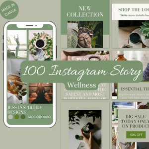 100 Wellness Instagram Story Templates - Green & White - Instant Download