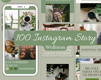 100 Wellness Instagram Story Templates - Green & White - Instant Download