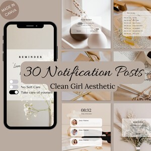 Könnte beinhalten: Eine Collage von Bildern mit einem Clean-Girl-Ästhetik. Die Bilder beinhalten einen Telefonbildschirm mit dem Text "30 Notification Posts Clean Girl Aesthetic", eine Erinnerungsnotiz mit dem Text "Let's do it", eine Uhr, die 08:32 anzeigt, und eine Erinnerungsnotiz mit dem Text "Got it!"