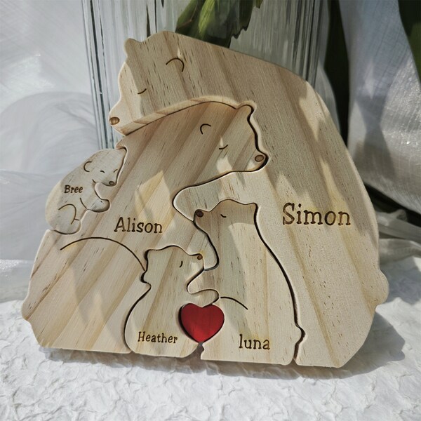 Bärenfamilienpuzzle aus Holz, Tierfamilie, Geschenk für Eltern, graviertes Familiennamenpuzzle, Familienandenkengeschenk, Wohndekoration, Muttertagsgeschenk