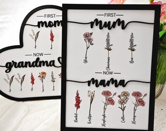 Plaque de naissance personnalisée, première maman maintenant grand-mère, plaque en bois personnalisée fleur du mois de naissance, cadeau pour maman/grand-mère, cadeau de fête des mères