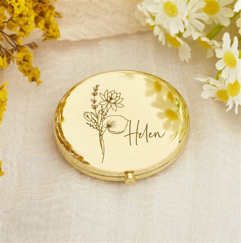 Miroir compact personnalisé Miroir fleuri pour le mois de naissance Cadeaux pour baby shower Cadeaux de mariage Cadeaux pour demoiselle d'honneur Miroir de poche gravé image 2