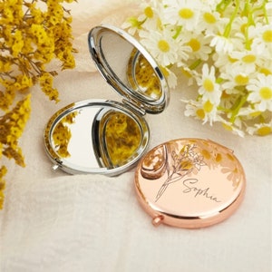 Miroir compact personnalisé Miroir fleuri pour le mois de naissance Cadeaux pour baby shower Cadeaux de mariage Cadeaux pour demoiselle d'honneur Miroir de poche gravé image 3