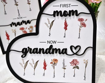 Personalisiertes Geburtsblumenschild, Erste Mama jetzt Oma Schild, personalisiertes Geburtsmonatsblumen-Holzschild, Geschenk für Mama/Oma, Muttertagsgeschenk