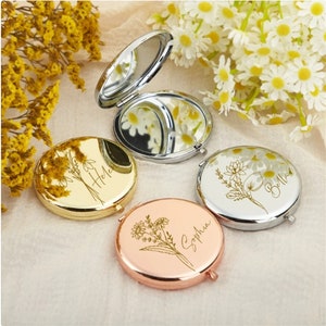 Miroir compact personnalisé Miroir fleuri pour le mois de naissance Cadeaux pour baby shower Cadeaux de mariage Cadeaux pour demoiselle d'honneur Miroir de poche gravé image 1