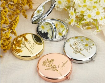 Personalized Compact Mirror -Birth Month Flower Mirror-Bridal Shower Gifts -Wedding Gifts- Bride Bridesmaid Gifts - Engraved Pocket Mirror