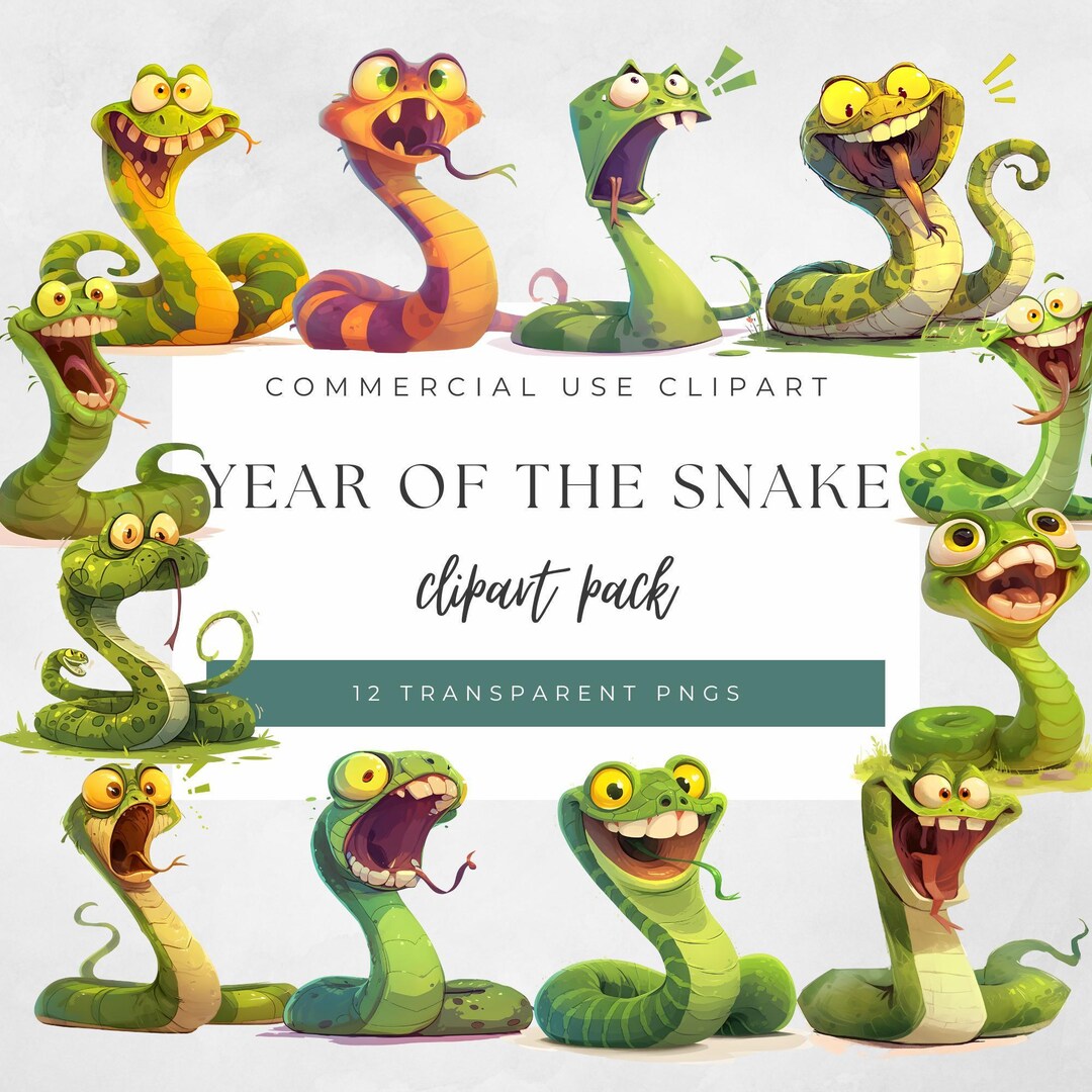 Year of the Funny Snake Clipart Pack, 2025 Chinese New Year Zodiac, 12 ...