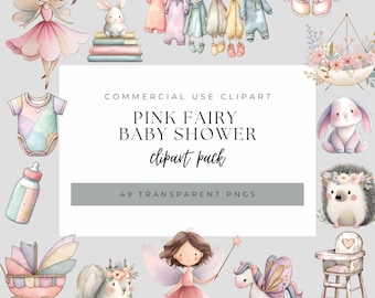 Pink Fairy Watercolor Clipart: Baby Shower PNG Graphics (Digital Download)