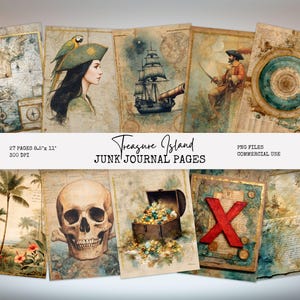 Páginas de diário Treasure Island Junk, imprimíveis digitais 8,5 x 11, itens náuticos vintage, bordas brilhantes douradas, papel antigo para aquarela TI