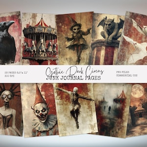 Gothic Dark Circus Junk-dagboekpagina's, vintage carnaval esthetische printables, griezelige clown, Haunted Big Top, Spooky Ephemera GC