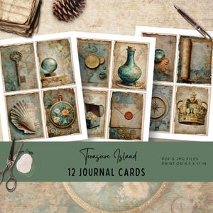 Treasure Island Junk Journal Cards, 12 Printable Portrait Ephemera Tags, Vintage Nautical Pirate Gold Theme, Digital Download