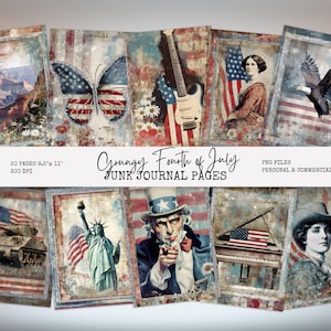 Fourth of July Patriotic Junk Journal Printable | Digital Collage Page | Vintage Flag, Wildflowers, Rustic Americana, Grunge Scrapbook Art