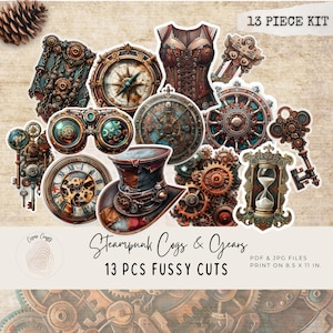 Puede incluir: Un conjunto de 13 pegatinas recortadas con temática steampunk. Las pegatinas incluyen engranajes, una brújula, un corsé, un sombrero de copa y un reloj. El texto de la imagen dice "Steampunk Cogs & Gears" y "13 PCS FUSSY CUTS".