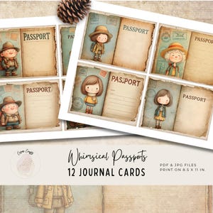 Tarjetas de inserción para diario de pasaporte, efímeras de viaje vintage para niños, pasaportes adorables, páginas para álbumes de recortes de aventuras, descarga instantánea