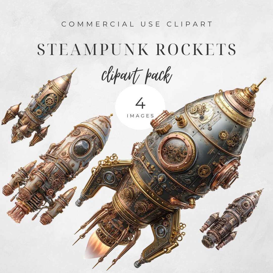 Steampunk Rocket Clipart Pack | Vintage Spaceship PNG | Fantasy ...