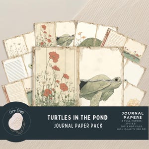 Páginas de diario basura con encantadores dibujos de tortugas, ilustraciones infantiles, papeles imprimibles, efímeras vintage de la naturaleza para manualidades de scrapbooking infantiles.