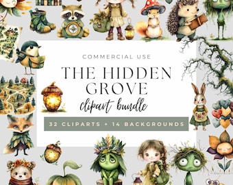 Whimsical Forest, Hidden Grove Whimsy Clipart Bundle, Woodland Creatures, Custom Fairytale, Nature PNGs, Commercial Use, 32 Transparent PNGs