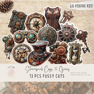 Steampunk Fussy Cuts, 13-Piece Cogs & Gears Ephemera Kit, Vintage Clockwork Clipart for Junk Journals, Scrapbook, Crafts, Digital Download