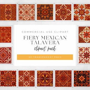 May include: A collection of 20 transparent PNGs featuring fiery Mexican Talavera designs. The clipart pack showcases various square tile patterns in shades of red, orange, and brown, with intricate floral and geometric motifs. The text "Fiery Mexican Talavera clipart pack" is displayed.