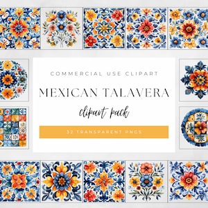 Mexikanische Talavera Multicolor Floral Clipart Pack, 32 Mosaik-Designs PNGs, 12 x 12 Zoll, 300 DPI, kommerzielle Nutzung, POD, digitaler Download MC